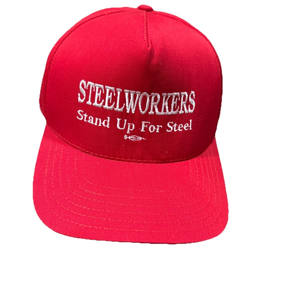 Vintage Red Steelworkers‎ Stand Up For Steel SnapBack Trucker Cap Hat Made In GA